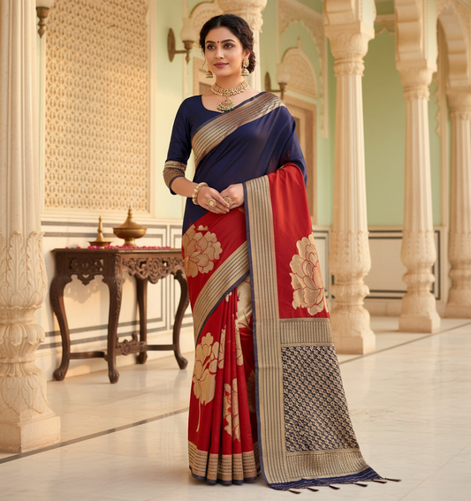 Navy Blue & Red Banarasi Silk Saree