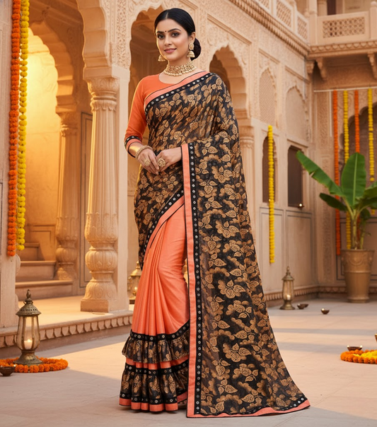Orange Floral Print Lycra Blend Saree