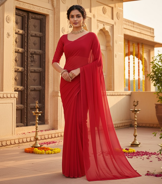 Red Georgette Plain Saree With Blouse