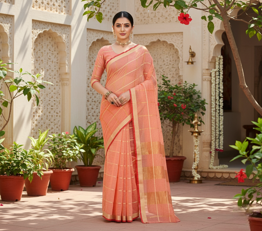 Peach Kota Doria Cotton Checked Saree