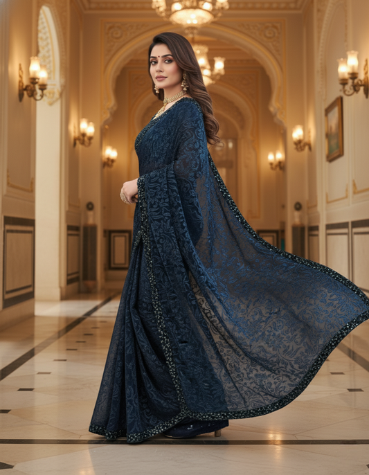 Blue Lycra Floral Saree