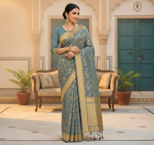 Grey Banarasi Spun Cotton Saree