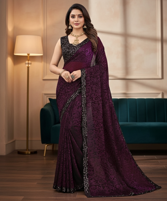 Wine Lycra Floral Saree