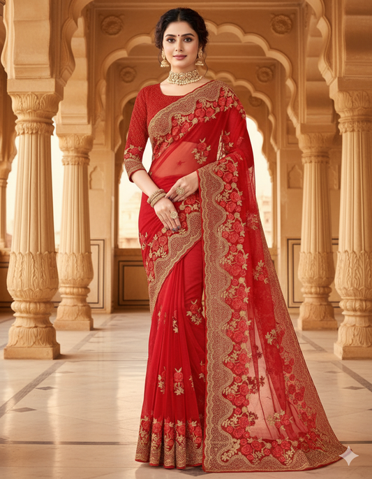 Red Embroidered Net Saree