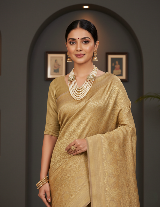 Cream Banarasi Silk Saree