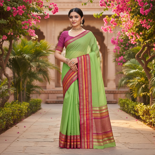 Light Green Kota Doria Cotton Bordered Saree