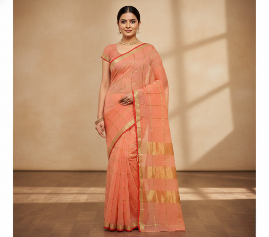 Peach Kota Doria Cotton Saree