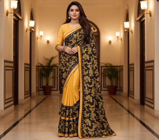 Mustard Floral Print Lycra Blend Saree