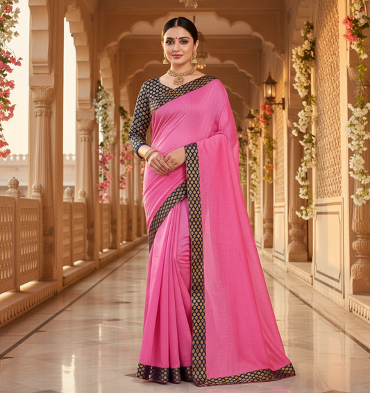 Pink Chanderi Cotton Lace Border Saree