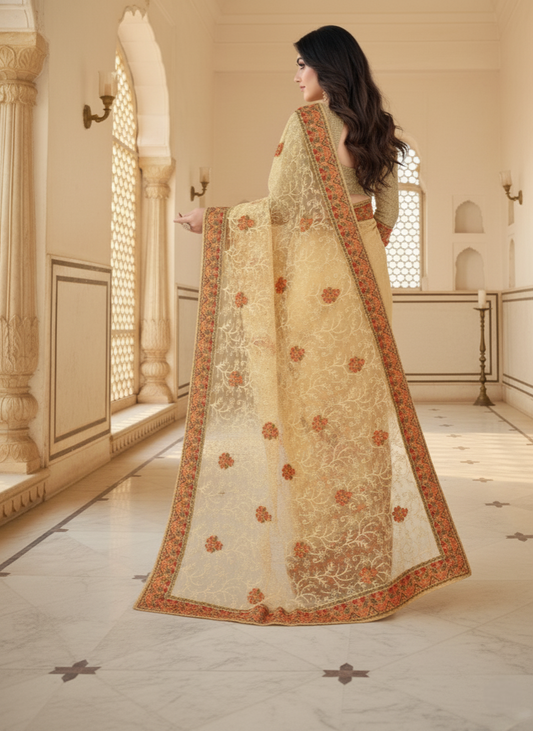 Chiku Embroidered Net Saree