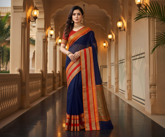 Navy Blue Kota Doria Cotton Border Saree