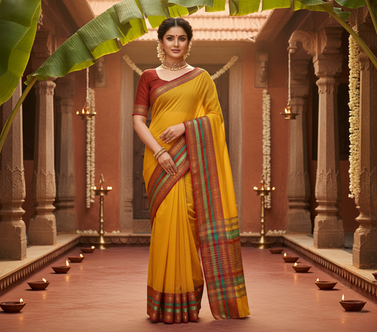Yellow Kota Doria Cotton Bordered Saree
