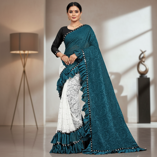 Rama Silk Mirror Lace Half & Half Ruffle Saree