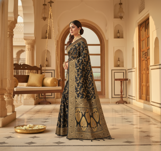 Black Banarasi Silk Saree With Blouse