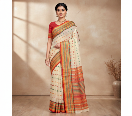 Cream Kota Doria Cotton Woven Butta Saree