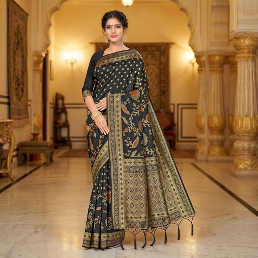 Black Banarasi Silk Floral Weaving Saree