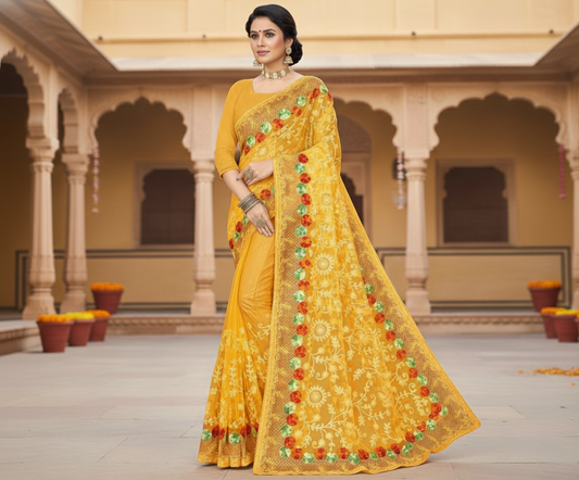 Yellow Net Embroidered Saree
