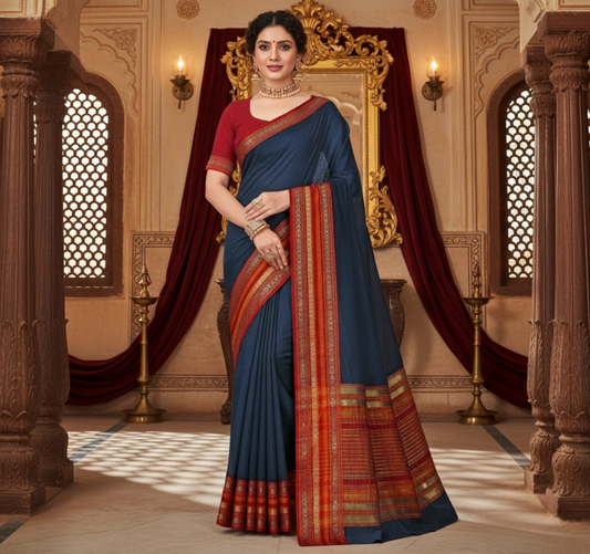 Navy Blue Kota Doria Cotton Bordered Saree