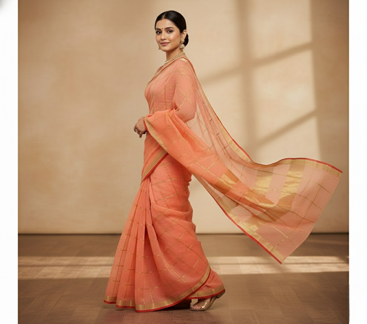 Peach Kota Doria Cotton Saree