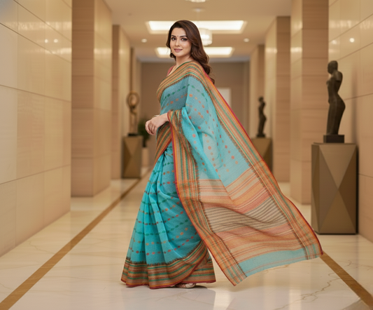 Sky Blue Kota Doria Cotton Woven Butta Saree