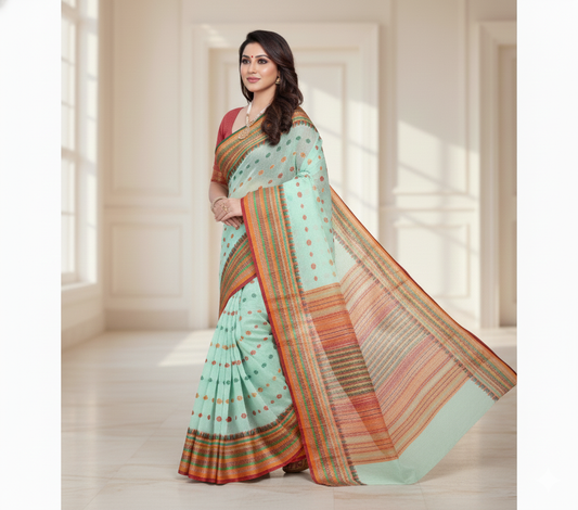 Pista Kota Doria Cotton Woven Butta Saree