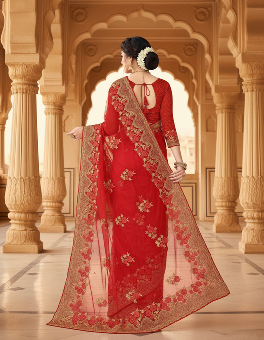 Red Embroidered Net Saree