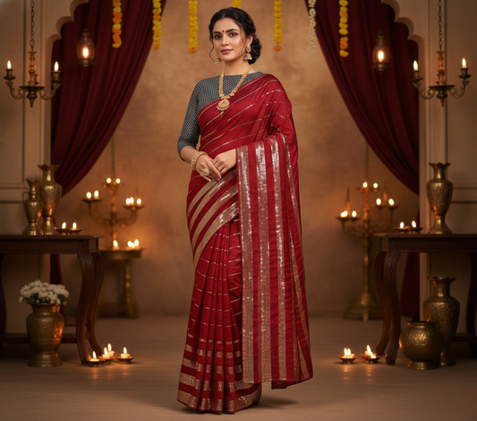 Red Sequin Work Vichitra Saree