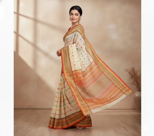 Cream Kota Doria Cotton Woven Butta Saree