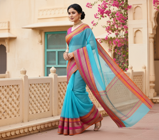 Sky Blue Kota Doria Cotton Border Saree
