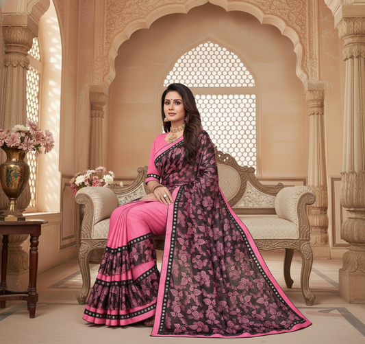 Pink Floral Print Lycra Blend Saree