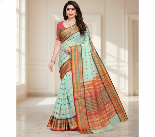 Pista Kota Doria Cotton Woven Butta Saree