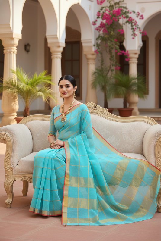 Sky Blue Kota Doria Cotton Saree