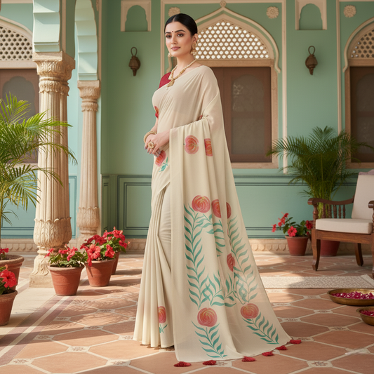 Beige Georgette Floral Hand Printed Saree