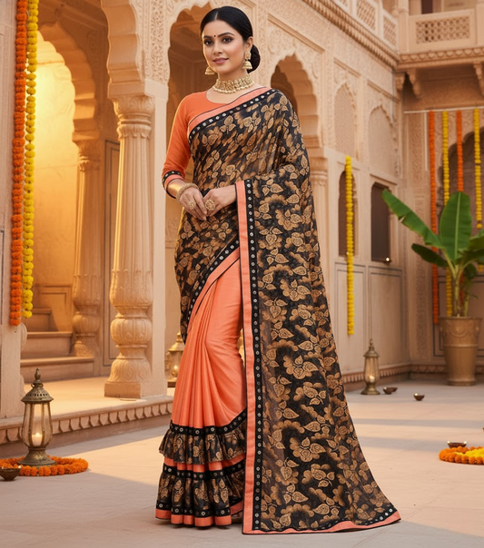 Orange Floral Print Lycra Blend Saree