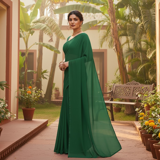 Dark Green Georgette Plain Saree With Blouse