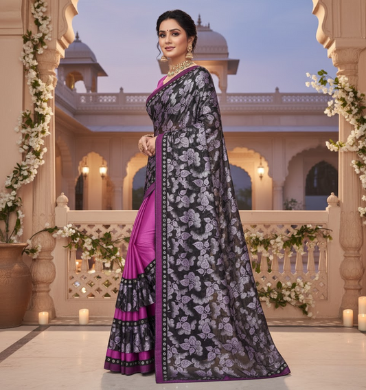 Purple Floral Print Lycra Blend Saree