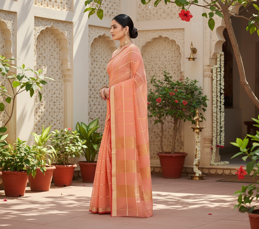 Peach Kota Doria Cotton Checked Saree