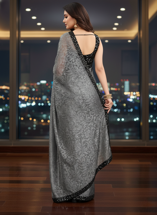 Grey Lycra Floral Saree