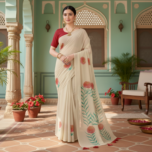 Beige Georgette Floral Hand Printed Saree