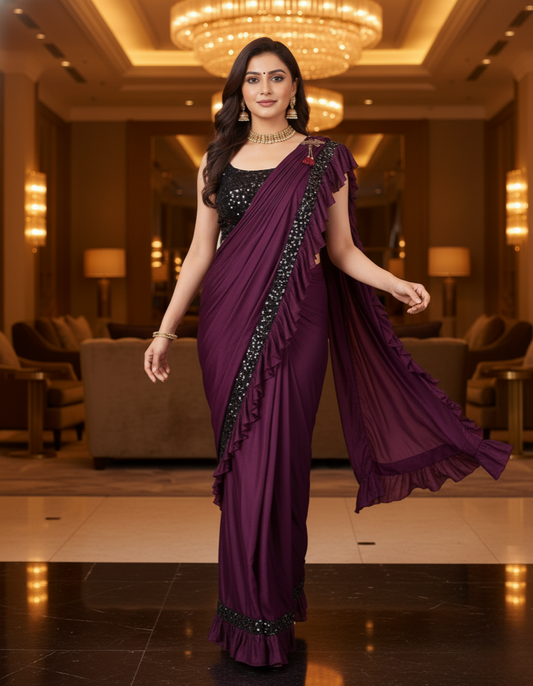 Wine Lycra Solid Saree