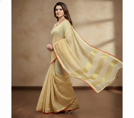 Beige Kota Doria Cotton Checked Saree