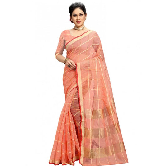 Peach Kota Doria Cotton Checked Saree