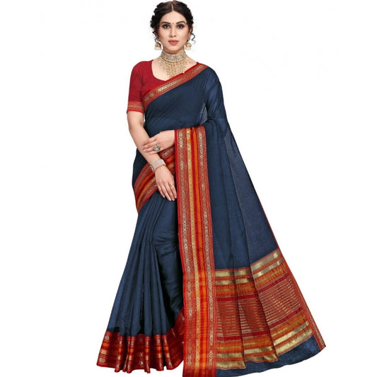 Navy Blue Kota Doria Cotton Bordered Saree