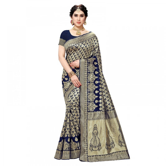 Navy Blue Jacquard Silk Kanjivaram Saree With Blouse