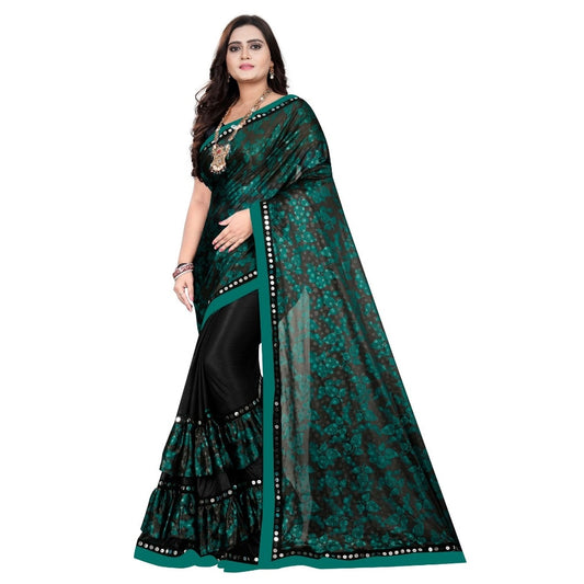 Green Floral Print Lycra Blend Saree