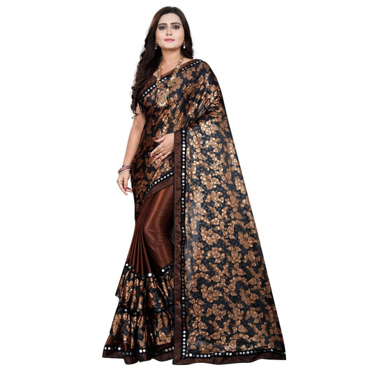 Coffee Floral Print Lycra Blend Saree