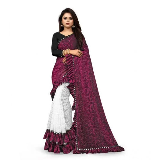 Pink Silk Mirror Lace Half & Half Ruffle Saree