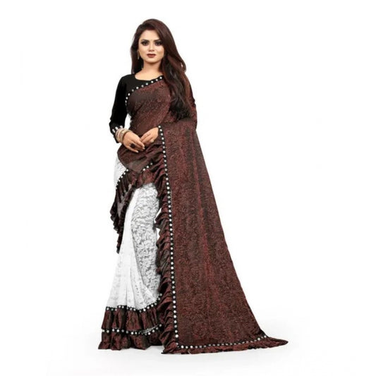 Brown Silk Mirror Lace Half & Half Ruffle Saree
