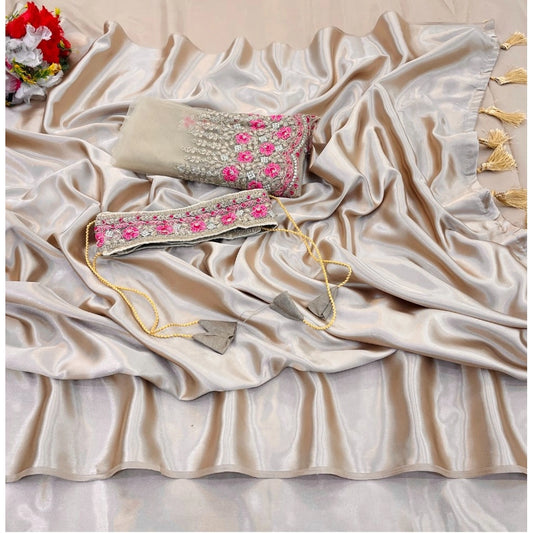 Beige Satin Solid Saree