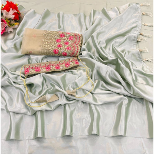 Off White Satin Solid Saree